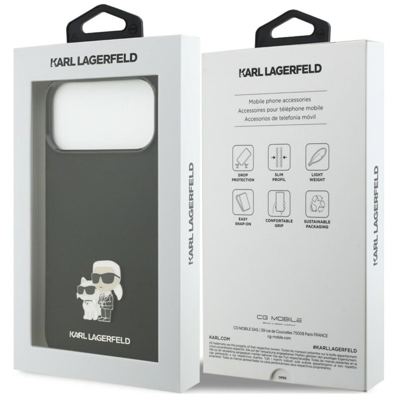 Husa Karl Lagerfeld iPhone 17 Pro Max Silicone Karl & Choupette Metal Pin negru, KLHCP18XSMHKCNPK