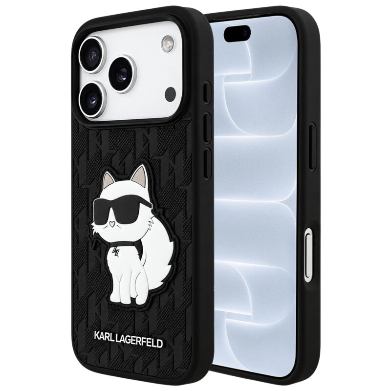 Husa originala iPhone 18 Pro Karl Lagerfeld Saffiano Mono Patch Choupette, negru, KLHCP18LSAKHPCK