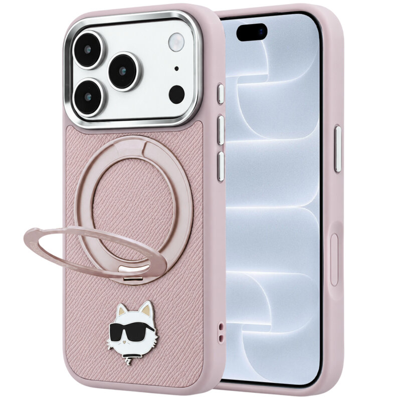 Husa iPhone 18 Pro Karl Lagerfeld Leather Ring Stand 360 C Pin MagSafe, roz, KLHMP18LPSRSCHHP