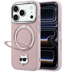 Husa iPhone 17 Pro Karl Lagerfeld Leather Ring Stand 360 C Pin MagSafe, roz, KLHMP18LPSRSCHHP