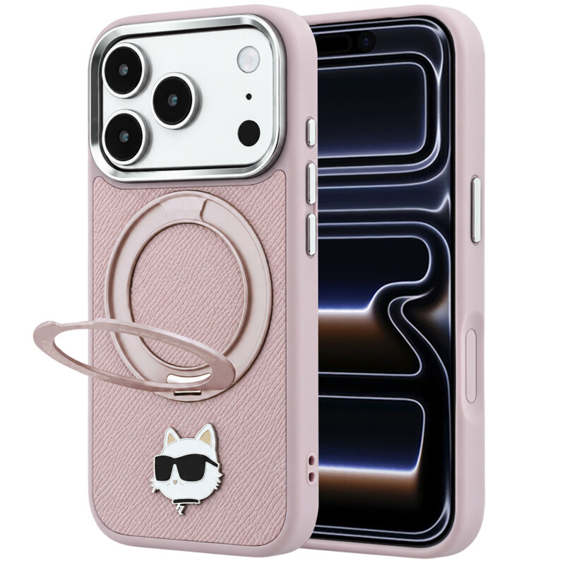 Husa iPhone 17 Pro Karl Lagerfeld Leather Ring Stand 360 C Pin MagSafe, roz, KLHMP18LPSRSCHHP