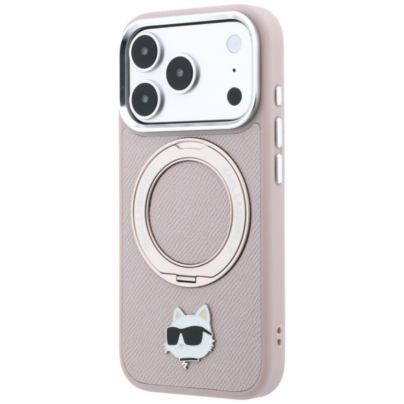 Husa iPhone 17 Pro Karl Lagerfeld Leather Ring Stand 360 C Pin MagSafe, roz, KLHMP18LPSRSCHHP