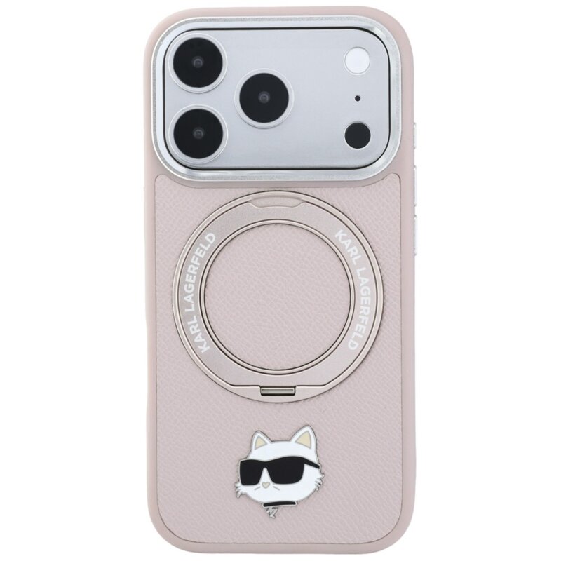 Husa iPhone 17 Pro Karl Lagerfeld Leather Ring Stand 360 C Pin MagSafe, roz, KLHMP18LPSRSCHHP