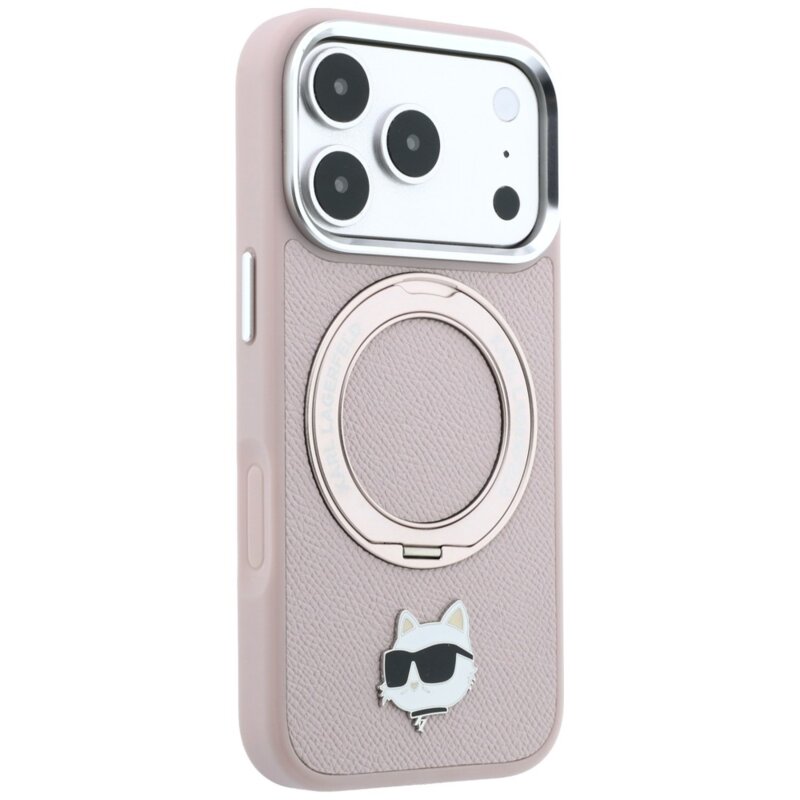 Husa iPhone 17 Pro Karl Lagerfeld Leather Ring Stand 360 C Pin MagSafe, roz, KLHMP18LPSRSCHHP