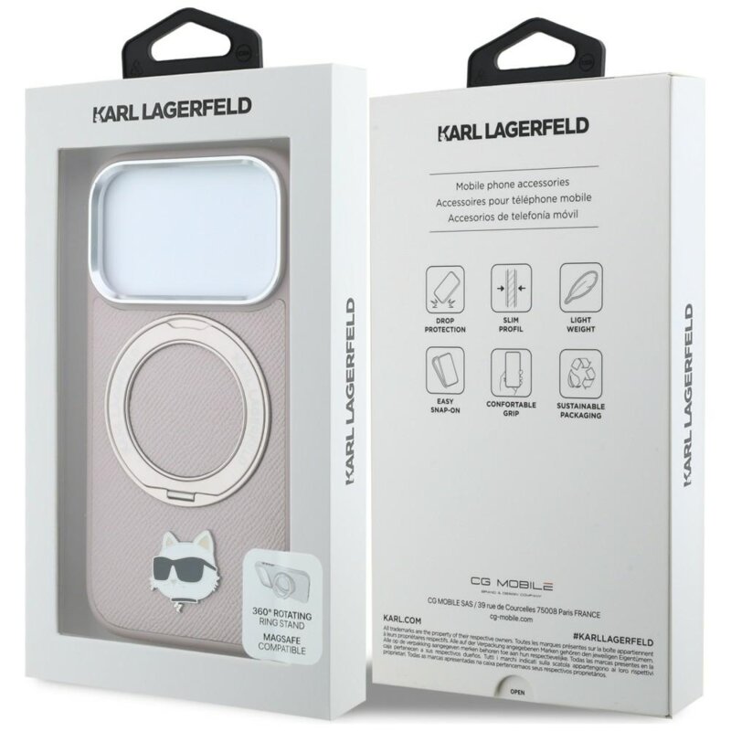 Husa iPhone 17 Pro Karl Lagerfeld Leather Ring Stand 360 C Pin MagSafe, roz, KLHMP18LPSRSCHHP