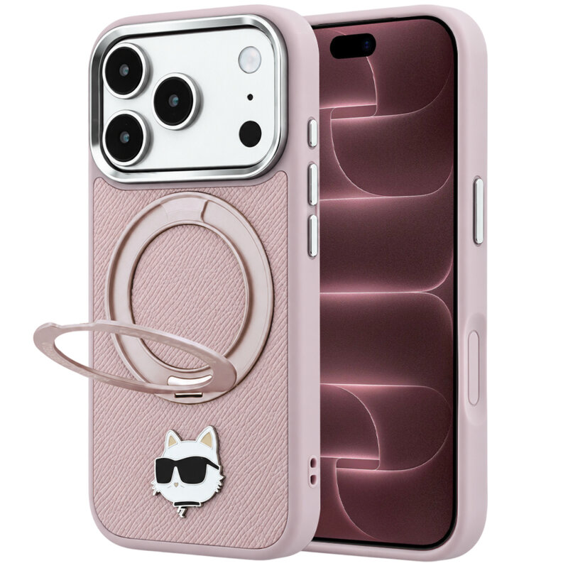 Husa iPhone 18 Pro Max Karl Lagerfeld Leather Ring Stand 360 C Pin MagSafe, roz, KLHMP18XPSRSCHHP