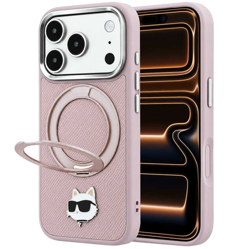 Husa iPhone 17 Pro Max Karl Lagerfeld Leather Ring Stand 360 C Pin MagSafe, roz, KLHMP18XPSRSCHHP