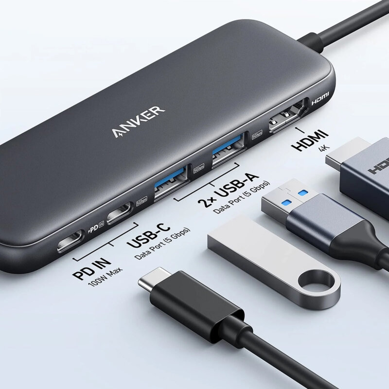 Hub ultra slim 5in1 Type-C, HDMI, 4K Anker 332, negru