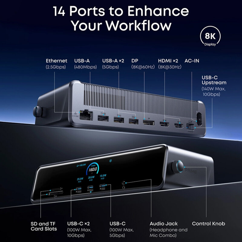 Hub DisplayLink 8K Fast Charge, 140W, 14in1 Anker Prime, gri