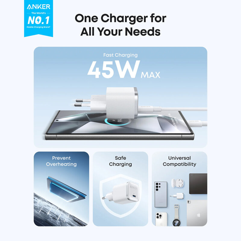Incarcator de priza GaN, USB-C, 45W, Anker Nano, alb