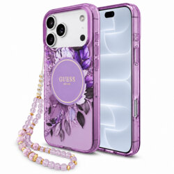 Husa iPhone 18 Pro originala Guess IML Flowers with Pearl Strap MagSafe, mov, GUHMP18LHFWBRCESU
