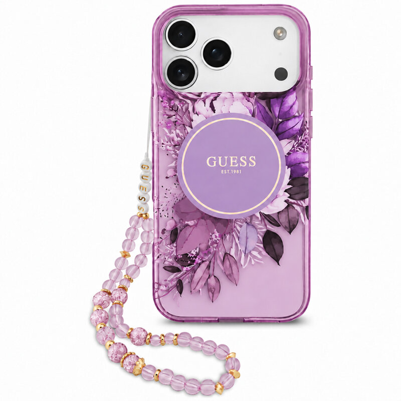 Husa iPhone 18 Pro originala Guess IML Flowers with Pearl Strap MagSafe, mov, GUHMP18LHFWBRCESU