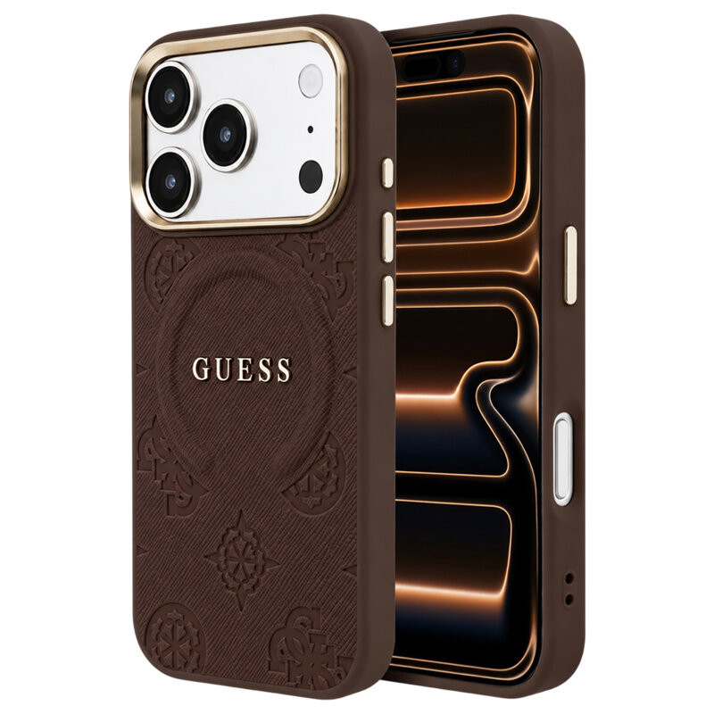 Husa Guess Saffiano Peony & Ring MagSafe MagSafe iPhone 17 Pro Max, maro, GUHMP18XPSAMSECW