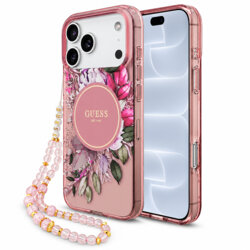 Husa iPhone 18 Pro originala Guess IML Flowers with Pearl Strap MagSafe, roz, GUHMP18LHFWBRCESP
