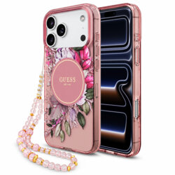 Husa iPhone 17 Pro originala Guess IML Flowers with Pearl Strap MagSafe, roz, GUHMP18LHFWBRCESP