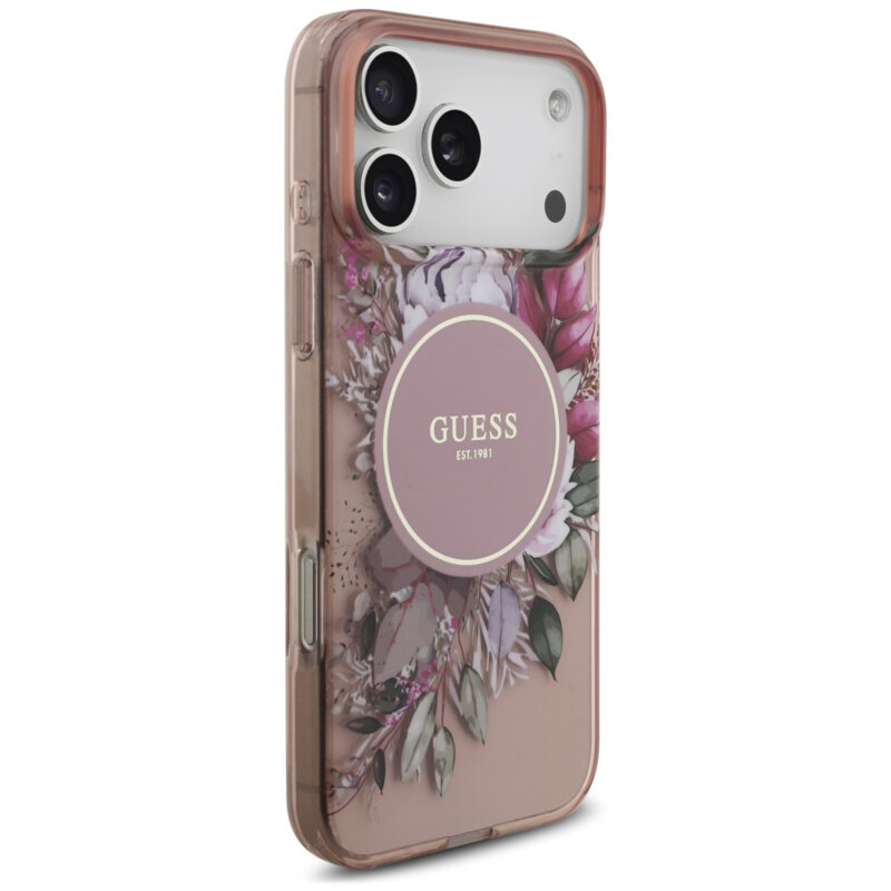 Husa iPhone 17 Pro originala Guess IML Flowers with Pearl Strap MagSafe, roz, GUHMP18LHFWBRCESP