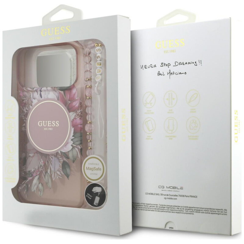 Husa iPhone 17 Pro originala Guess IML Flowers with Pearl Strap MagSafe, roz, GUHMP18LHFWBRCESP