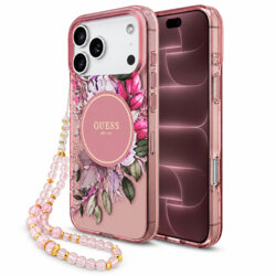 Husa iPhone 18 Pro Max originala Guess IML Flowers with Pearl Strap MagSafe, roz, GUHMP18XHFWBRCESP