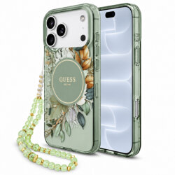 Husa iPhone 18 Pro originala Guess IML Flowers with Pearl Strap MagSafe, verde, GUHMP18LHFWBRCESN