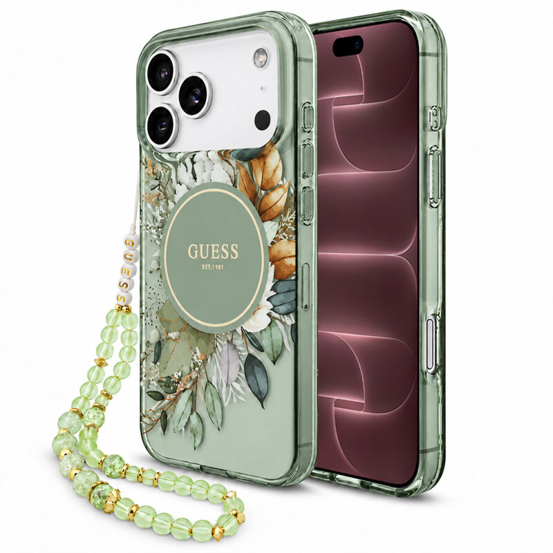 Husa iPhone 18 Pro Max originala Guess IML Flowers with Pearl Strap MagSafe, verde, GUHMP18XHFWBRCESN