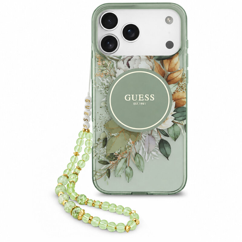 Husa iPhone 18 Pro originala Guess IML Flowers with Pearl Strap MagSafe, verde, GUHMP18LHFWBRCESN