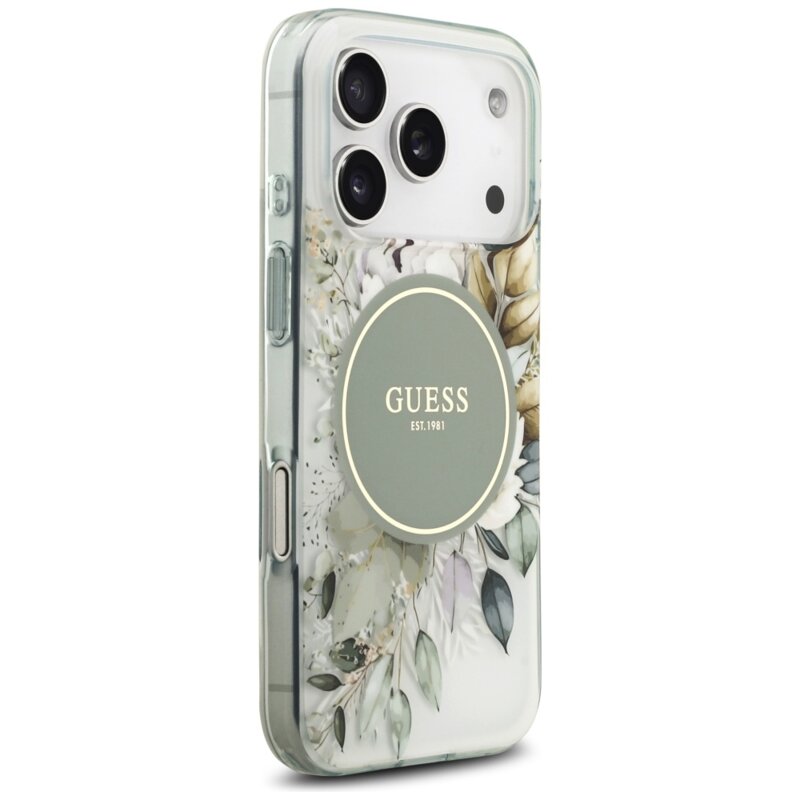 Husa iPhone 17 Pro originala Guess IML Flowers with Pearl Strap MagSafe, verde, GUHMP18LHFWBRCESN