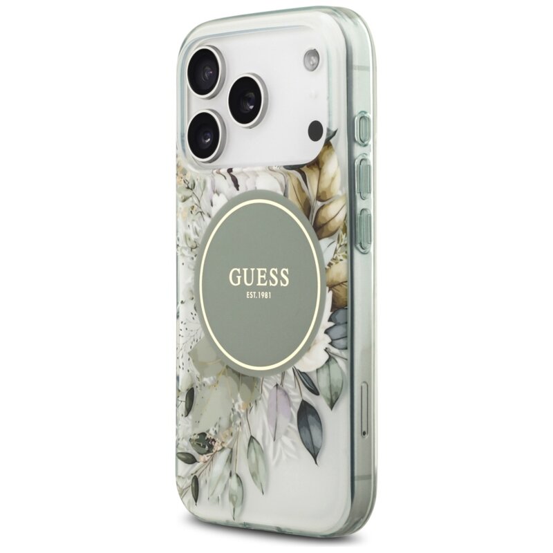 Husa iPhone 17 Pro originala Guess IML Flowers with Pearl Strap MagSafe, verde, GUHMP18LHFWBRCESN