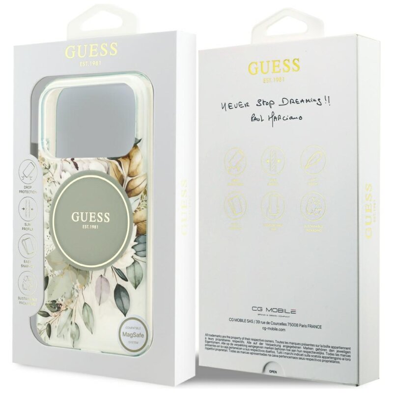 Husa iPhone 17 Pro originala Guess IML Flowers with Pearl Strap MagSafe, verde, GUHMP18LHFWBRCESN