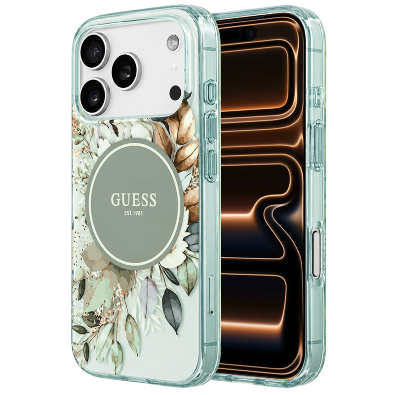 Husa iPhone 17 Pro Max originala Guess IML Flower & Tonal Circle MagSafe, verde, GUHMP18XHFWBDCEN