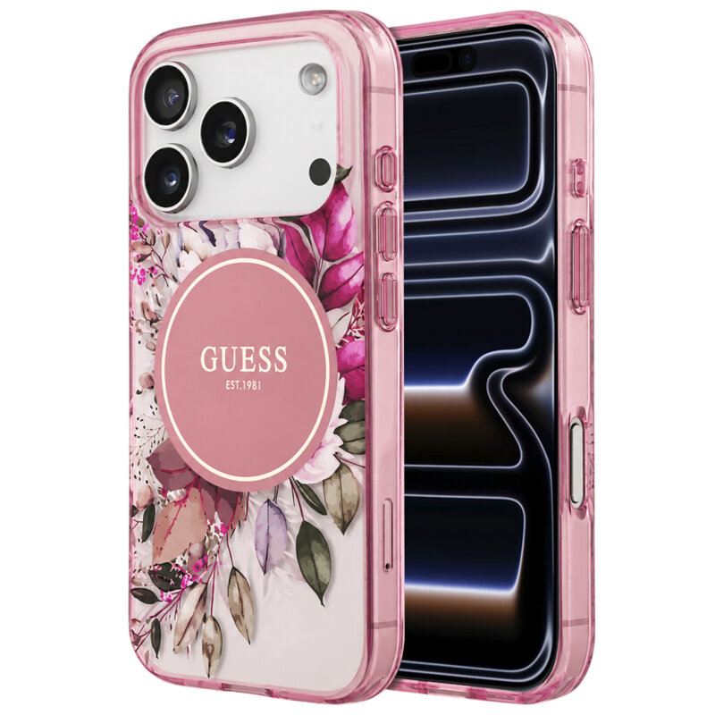 Husa iPhone 17 Pro originala Guess IML Flower & Tonal Circle MagSafe, roz, GUHMP18LHFWBDCEP