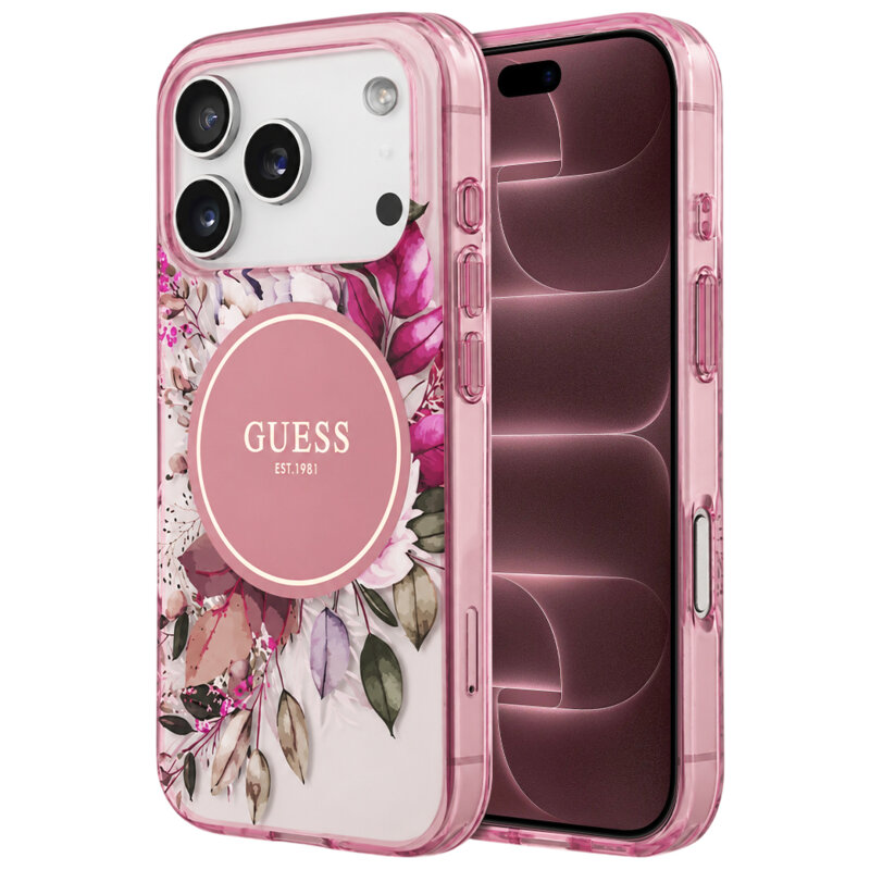 Husa iPhone 18 Pro Max originala Guess IML Flower & Tonal Circle MagSafe, roz, GUHMP18XHFWBDCEP