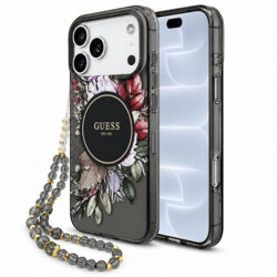 Husa iPhone 18 Pro originala Guess IML Flowers with Pearl Strap MagSafe, negru, GUHMP18LHFWBRCESK