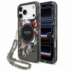 Husa iPhone 17 Pro originala Guess IML Flowers with Pearl Strap MagSafe, negru, GUHMP18LHFWBRCESK