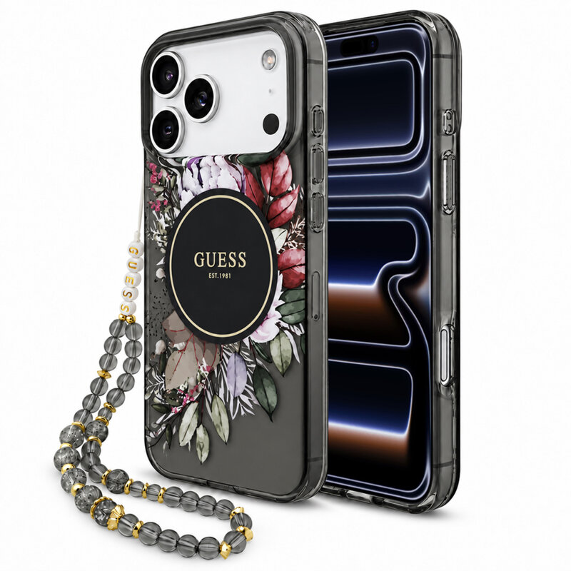 Husa iPhone 17 Pro originala Guess IML Flowers with Pearl Strap MagSafe, negru, GUHMP18LHFWBRCESK