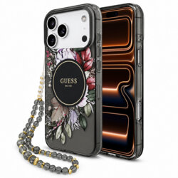 Husa iPhone 17 Pro Max originala Guess IML Flowers with Pearl Strap MagSafe, negru, GUHMP18XHFWBRCESK