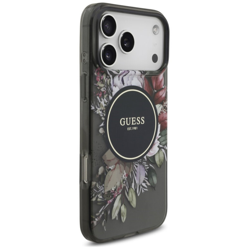 Husa iPhone 17 Pro Max originala Guess IML Flowers with Pearl Strap MagSafe, negru, GUHMP18XHFWBRCESK