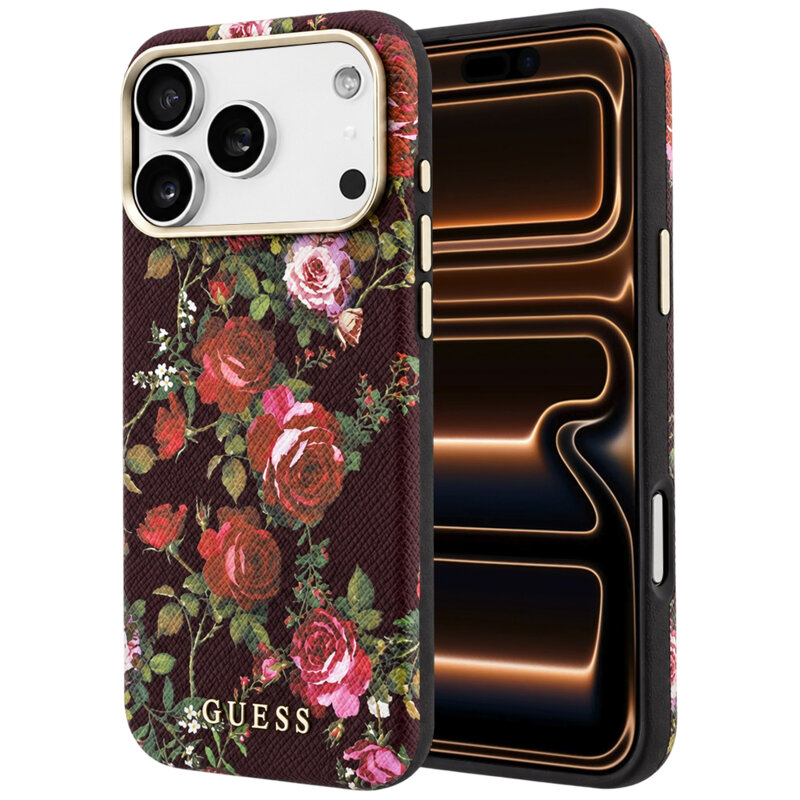 Husa originala Guess iPhone 17 Pro Max Blossom Roses Print MagSafe, bordo, GUHMP18X6PWGTBEU
