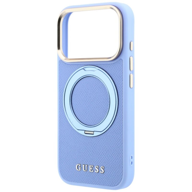 Husa iPhone 17 Pro Max Guess Grained Leather Ring Stand 360 Classic Logo MagSafe, bleu, GUHMP18X6PSGRSCLB