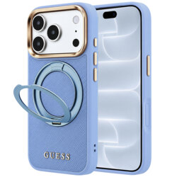 Husa iPhone 18 Pro Guess Grained Leather Ring Stand 360 Classic Logo MagSafe, bleu, GUHMP18L6PSGRSCLB