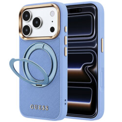 Husa iPhone 17 Pro Guess Grained Leather Ring Stand 360 Classic Logo MagSafe, bleu, GUHMP18L6PSGRSCLB
