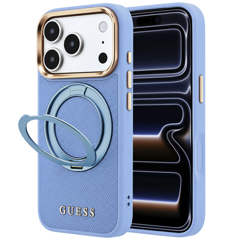 Husa iPhone 17 Pro Guess Grained Leather Ring Stand 360 Classic Logo MagSafe, bleu, GUHMP18L6PSGRSCLB