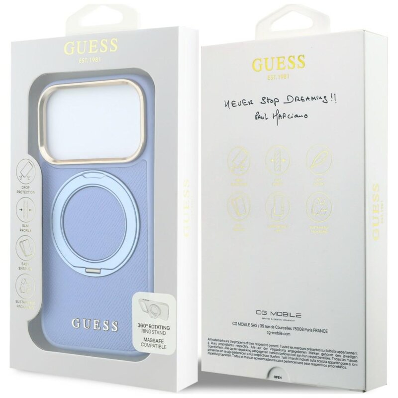 Husa iPhone 17 Pro Guess Grained Leather Ring Stand 360 Classic Logo MagSafe, bleu, GUHMP18L6PSGRSCLB