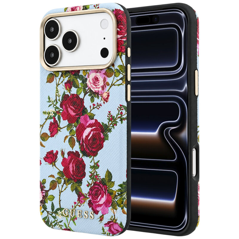 Husa originala Guess iPhone 17 Pro Blossom Roses Print MagSafe, bleu, GUHMP18L6PWGTBEB
