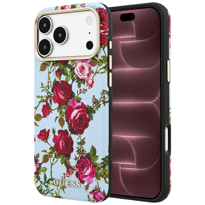 Husa originala Guess iPhone 18 Pro Max Blossom Roses Print MagSafe, bleu, GUHMP18X6PWGTBEB