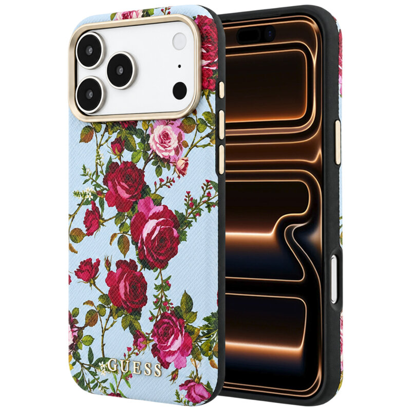 Husa originala Guess iPhone 17 Pro Max Blossom Roses Print MagSafe, bleu, GUHMP18X6PWGTBEB