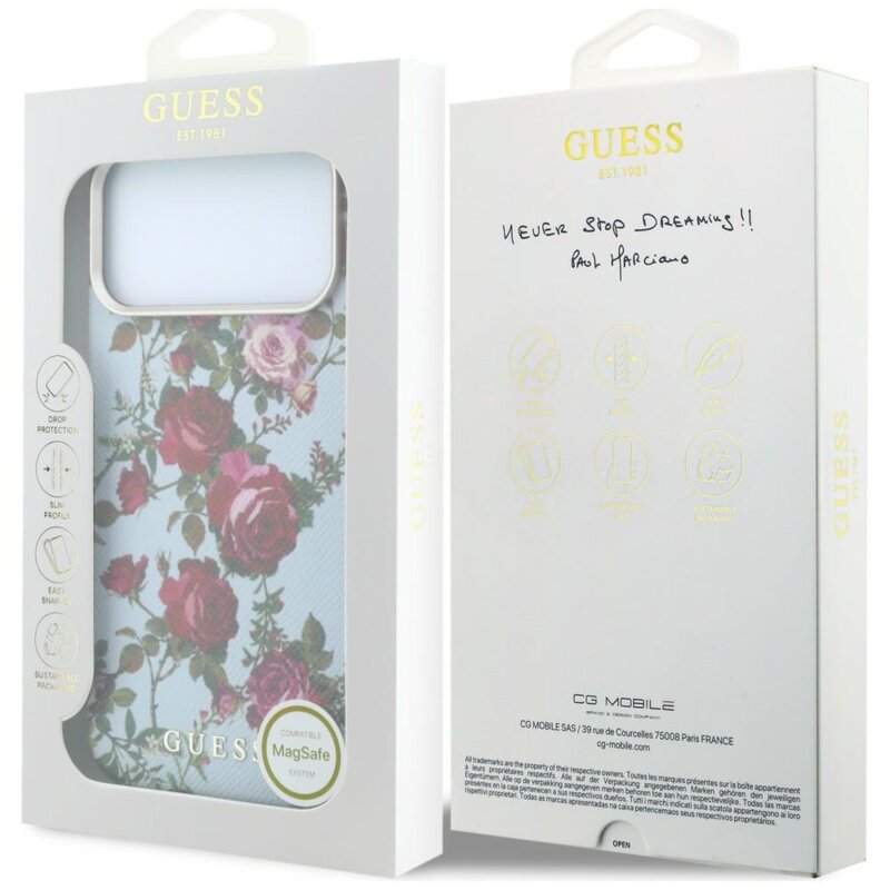Husa originala Guess iPhone 17 Pro Max Blossom Roses Print MagSafe, bleu, GUHMP18X6PWGTBEB