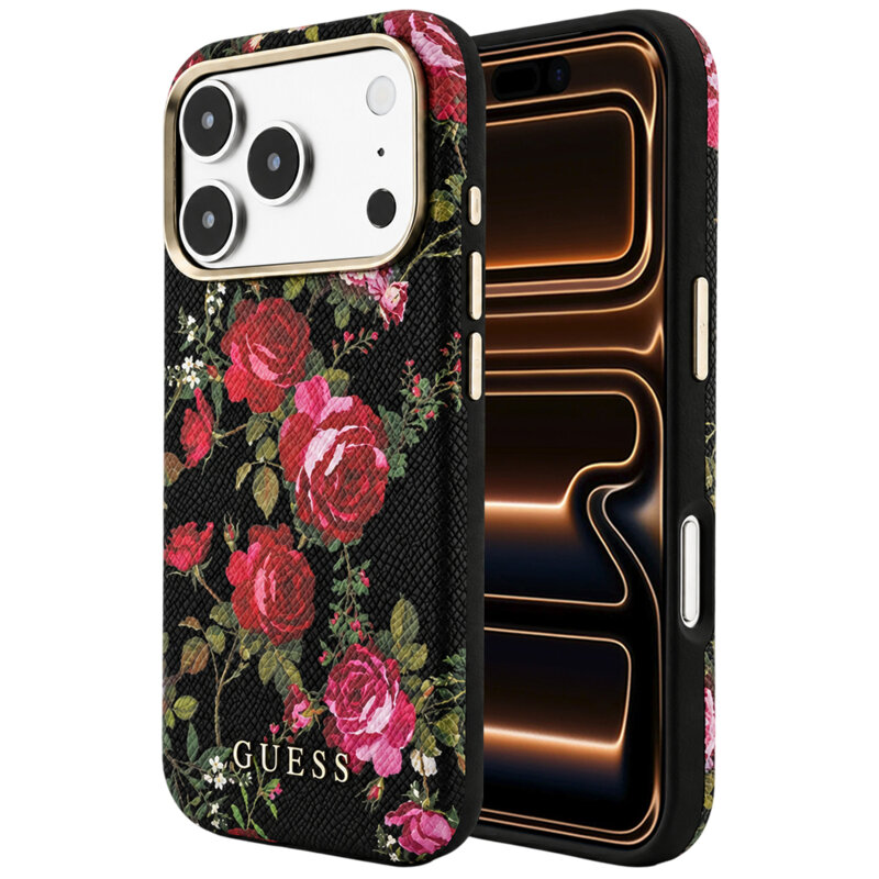 Husa originala Guess iPhone 17 Pro Max Blossom Roses Print MagSafe, negru, GUHMP18X6PWGTBEK