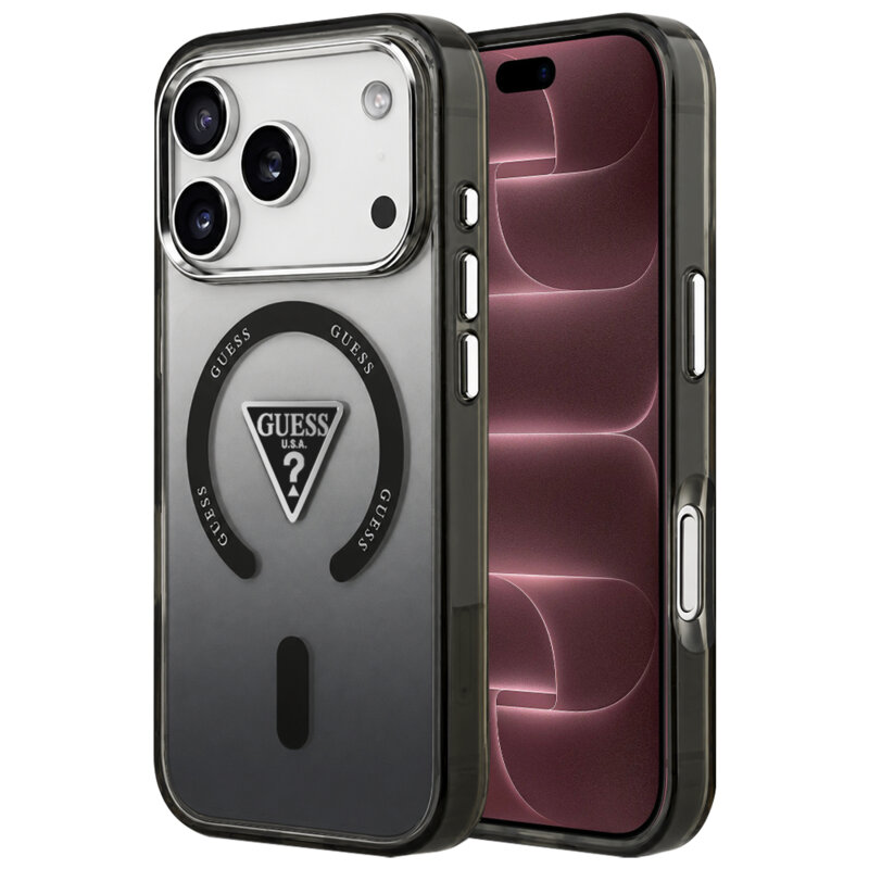 Husa iPhone 18 Pro Max originala Guess IML Gradient Triangle MagSafe, negru, GUHMP18XHGTMLCGK