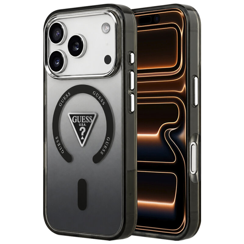 Husa iPhone 17 Pro Max originala Guess IML Gradient Triangle MagSafe, negru, GUHMP18XHGTMLCGK