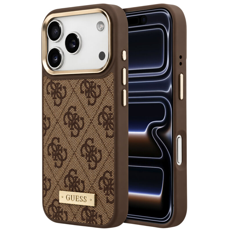 Husa originala Guess iPhone 17 Pro Hardcase 4G Logo Plate MagSafe, maro, GUHMP18LU4GPRW
